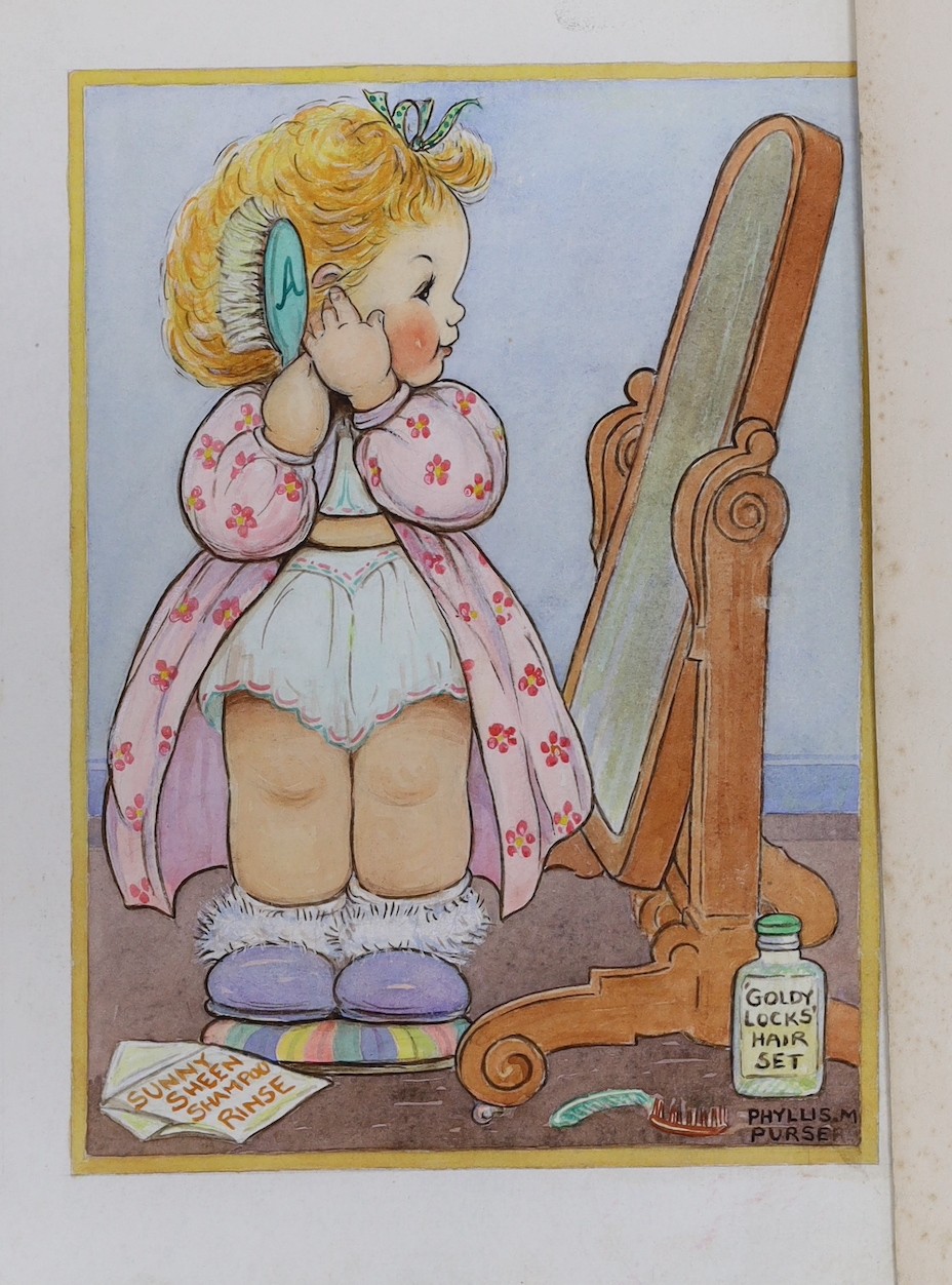 Phyllis Purser (1893-1990), six watercolours, humorous scenes, signed, unframed, largest 36 x 24.5cm